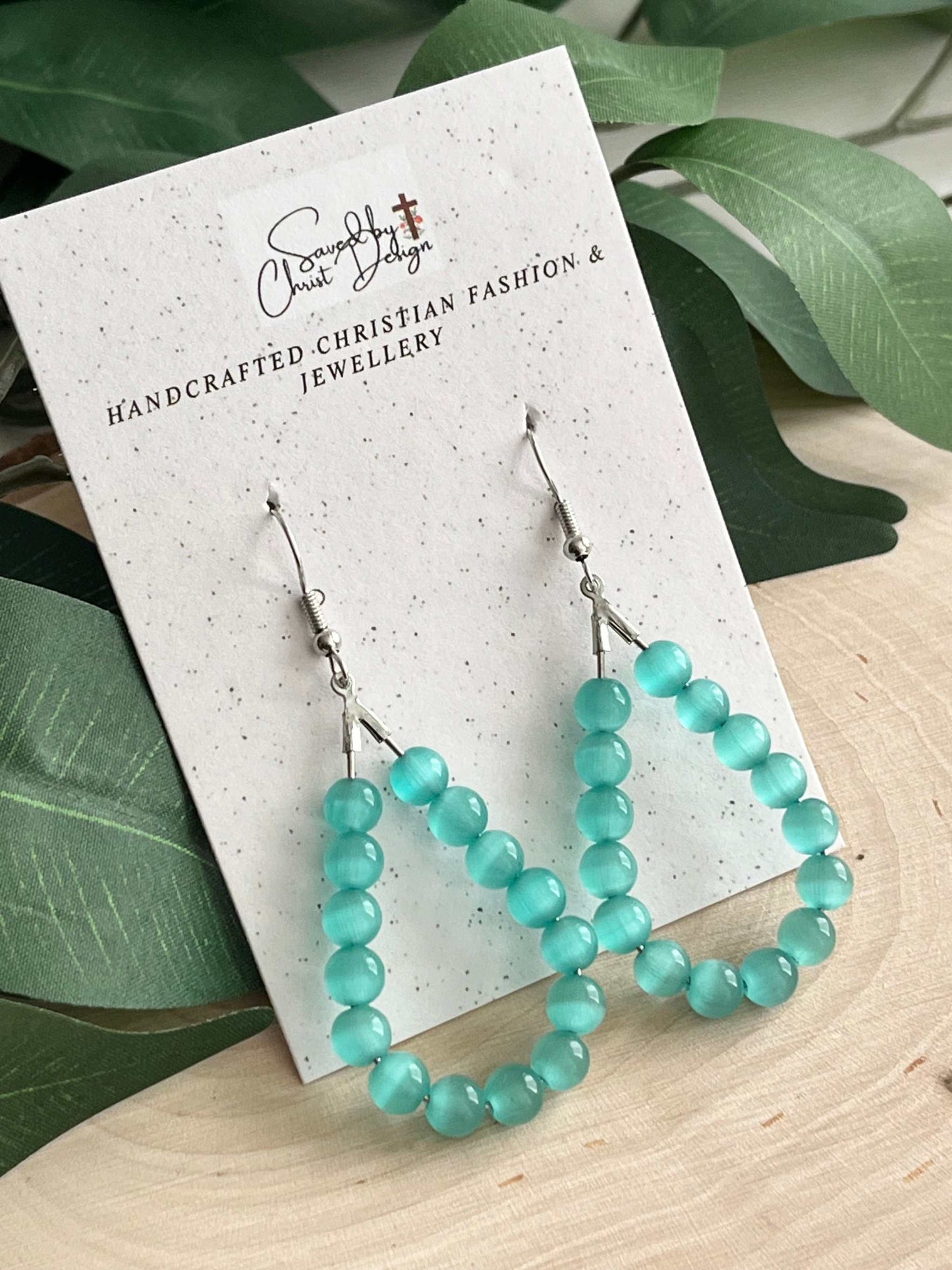 Teal Cat Eye Silver Earrings Light Blue Opal Drop