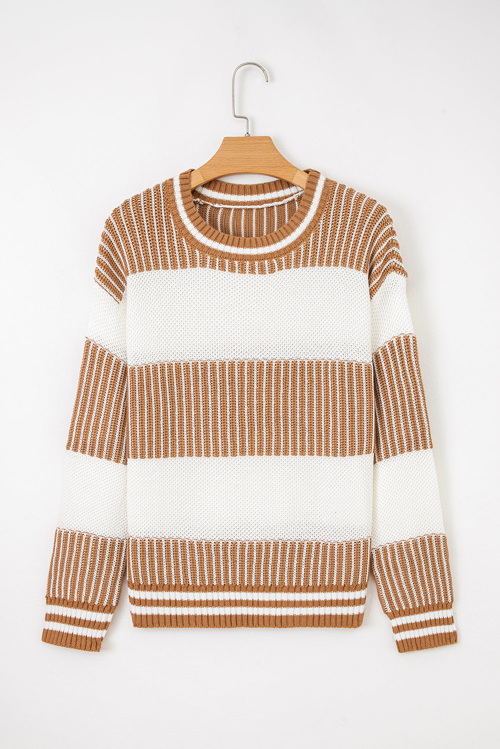 Light Blue Two Tone Striped Patchwork Drop Shoulder Sweater