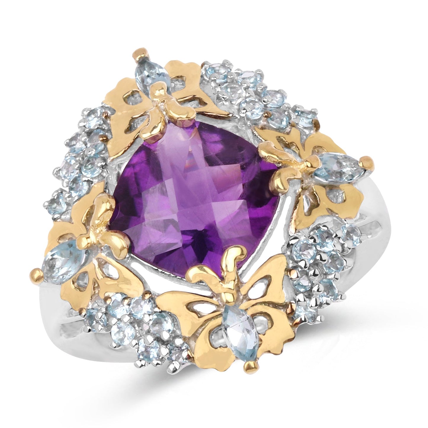 Two Tone Plated 4.45 Carat Genuine Amethyst & Blue Topaz .925 Sterling Silver Ring