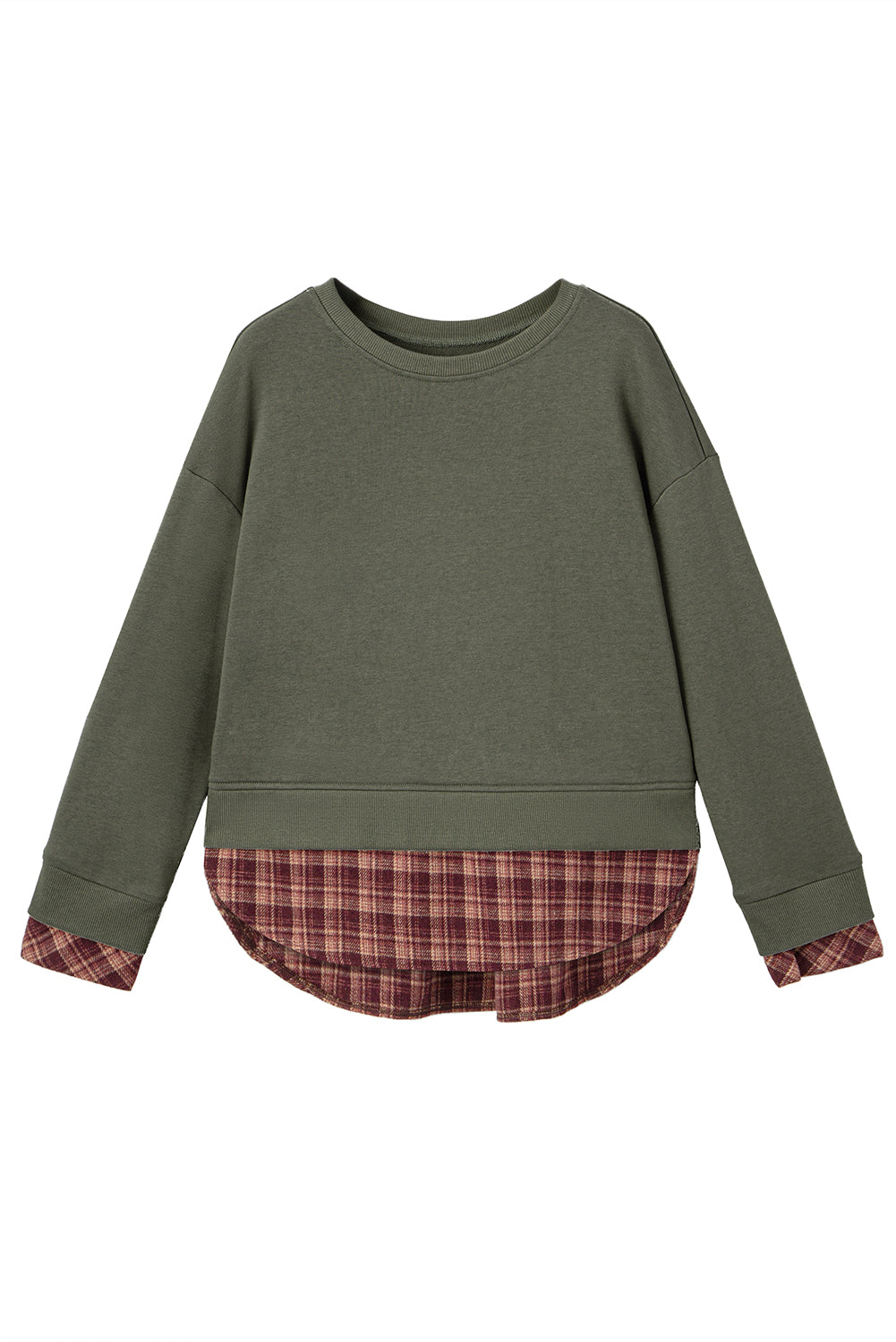 Moss Green Vintage Plaid Patchwork Drop Shoulder Sweatshirt
