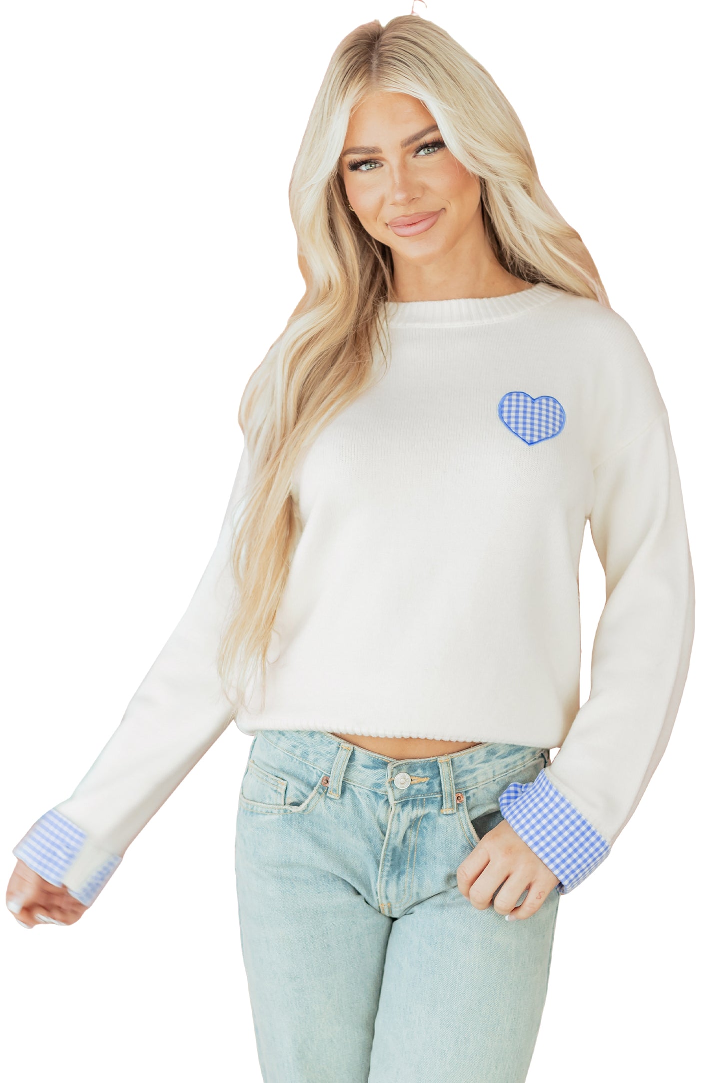 Light Pink Plaid Heart Embroidered Cuffed Drop Shoulder Crew Neck Sweater