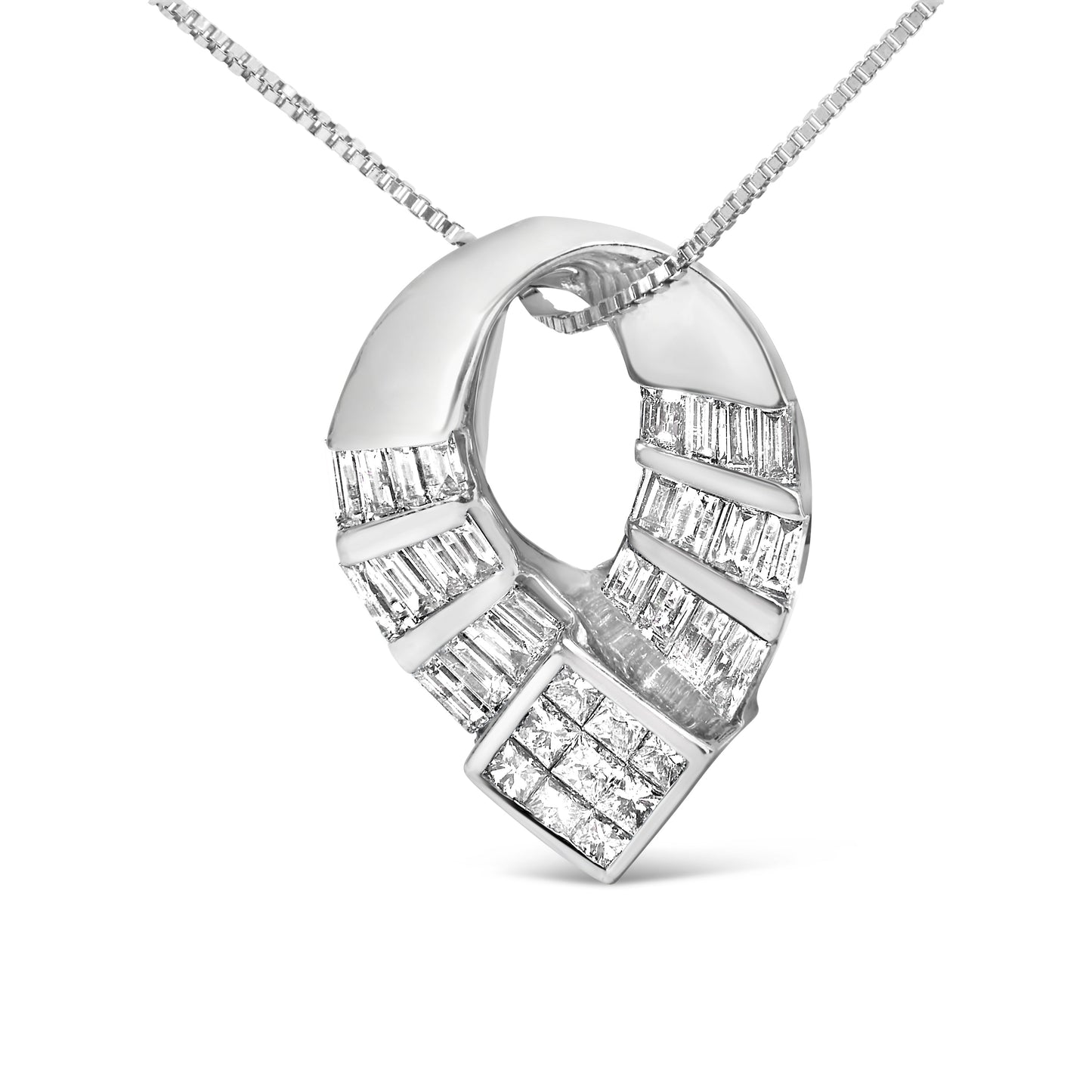 14k White Gold 1 5/8 Cttw Invisible Set Princess and Channel Set Baguette Diamond Curved Oval Shape Pendant Necklace (G-H Color, VS2-SI1 Clarity)