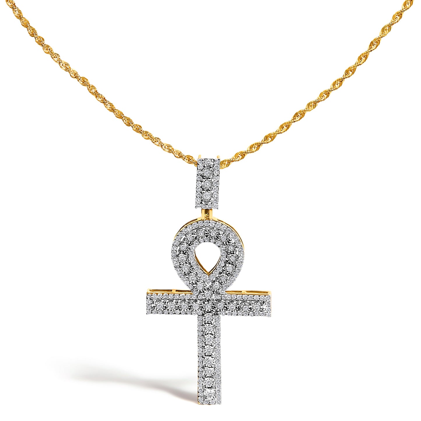 Men's 10K Yellow Gold 1.00 Cttw Diamond Ankh Cross Pendant Necklace