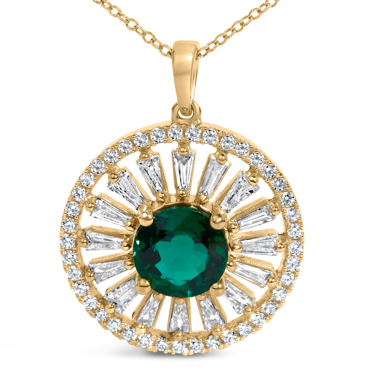 14K Yellow Gold Plated Sterling Silver Lab Grown Emerald and Diamond Sunburst Medallion Pendant Necklace