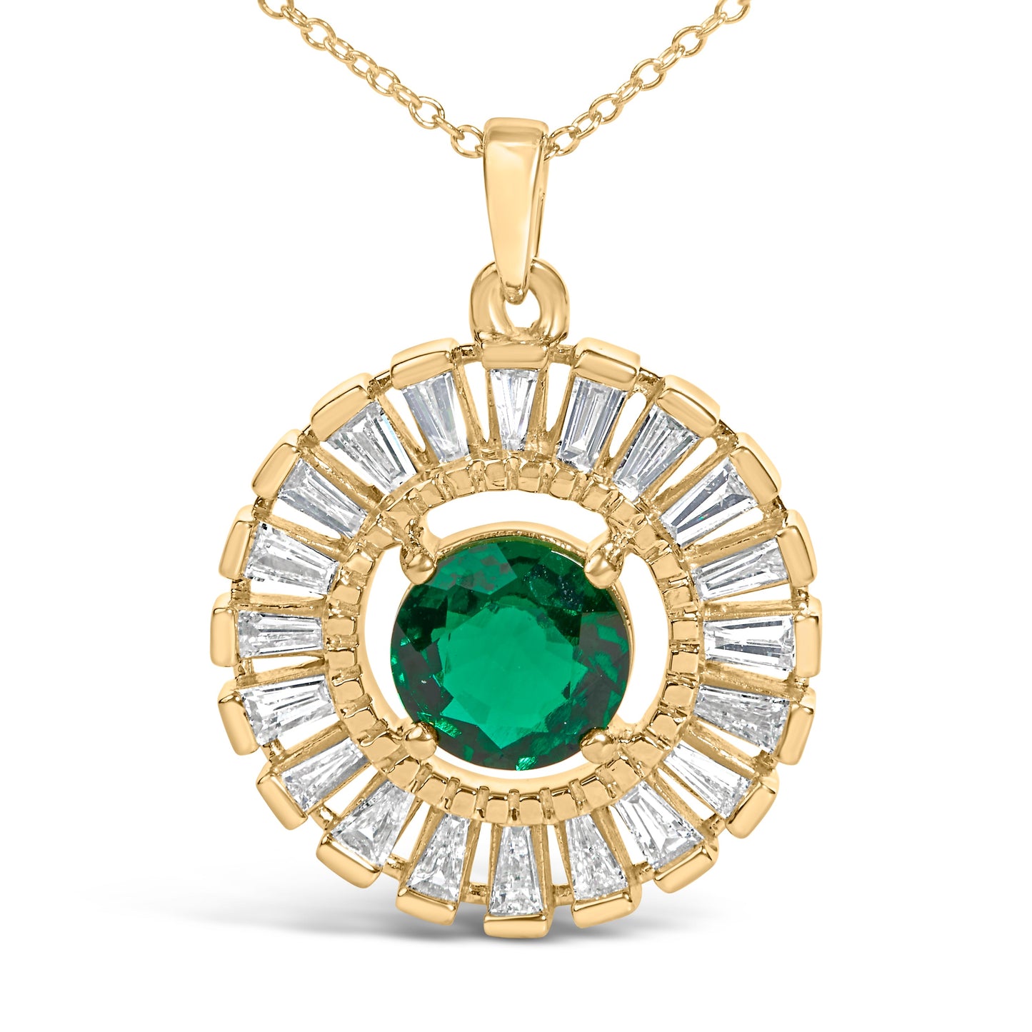 14K Yellow Gold Plated Silver Lab Grown Emerald and Diamond Sunburst Medallion Pendant Necklace