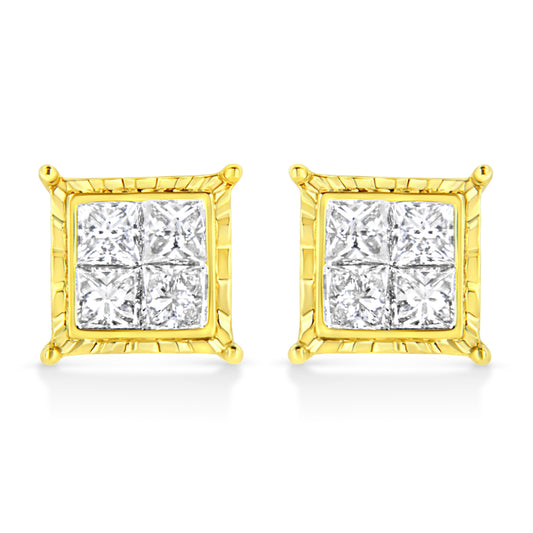 14K Yellow Gold 1.0 Cttw Invisible Set Princess-Cut Diamond Composite 8 Stone Stud Earrings (I-J Color, SI1-SI2 Clarity)