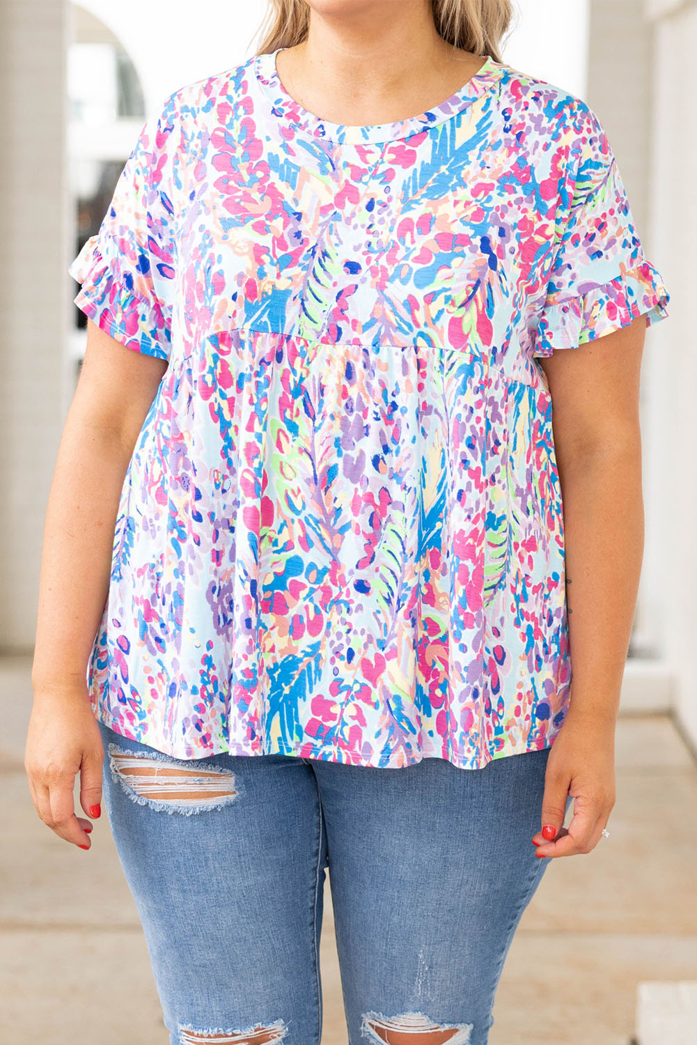 Abstract Print Frill Short Sleeve Plus Size Top