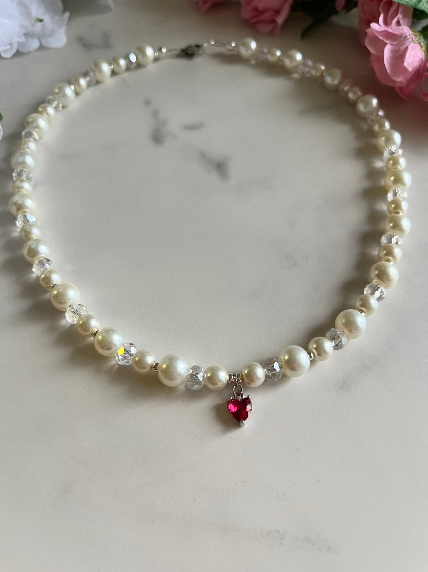 Silver Necklace Heart Pendant Glass & Pearl