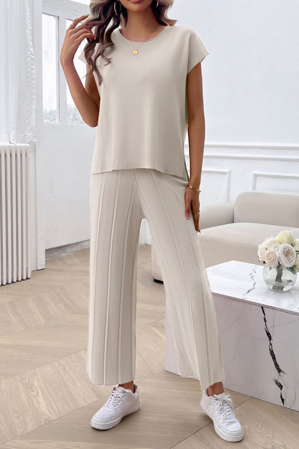 Round Neck Short Sleeve Top and Pants Set