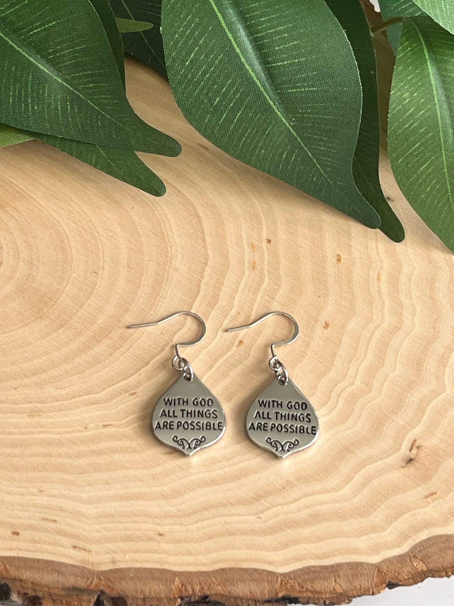 With God All Things Are Possible Silver Earrings - Christian Jewelry