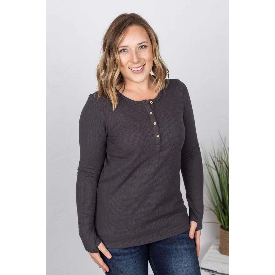 Charcoal  Henley Shirt Women  Long Sleeve with Thumb Holes