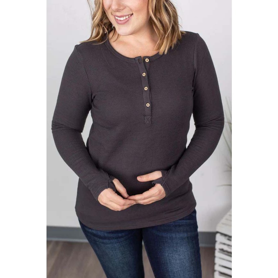 Charcoal  Henley Shirt Women  Long Sleeve with Thumb Holes
