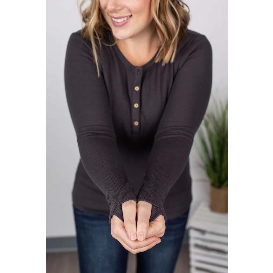 Charcoal  Henley Shirt Women  Long Sleeve with Thumb Holes
