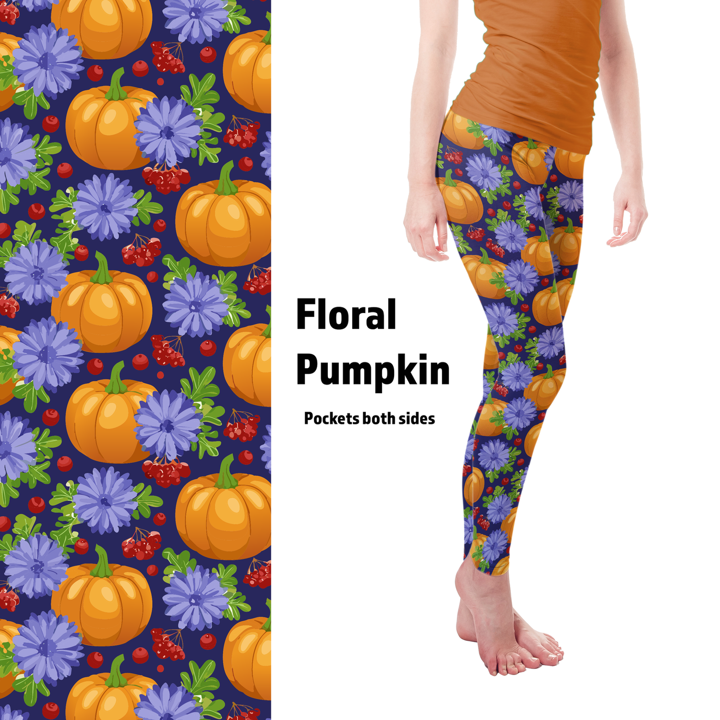 Floral PumpkinsLeggings with Pockets