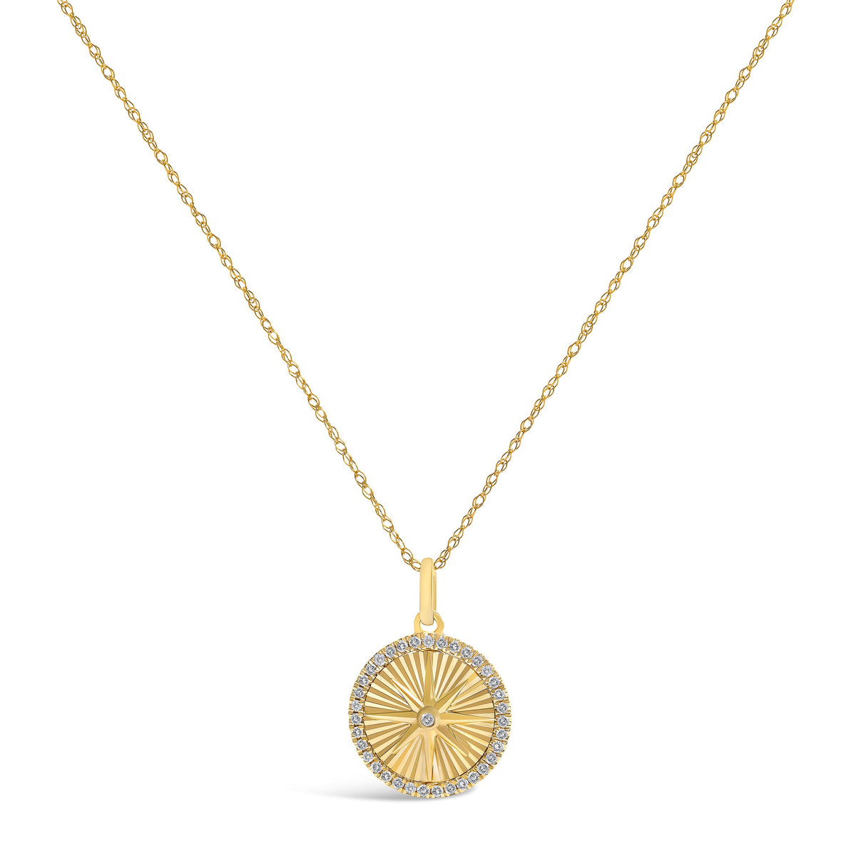 14K Yellow Gold 1/5 Cttw Diamond Starburst Fluted Medallion Pendant Necklace