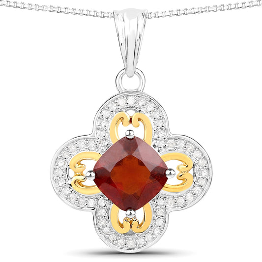 1.63 Carat Genuine Hessonite and White Diamond 18K Yellow Gold with .925 Sterling Silver Pendant