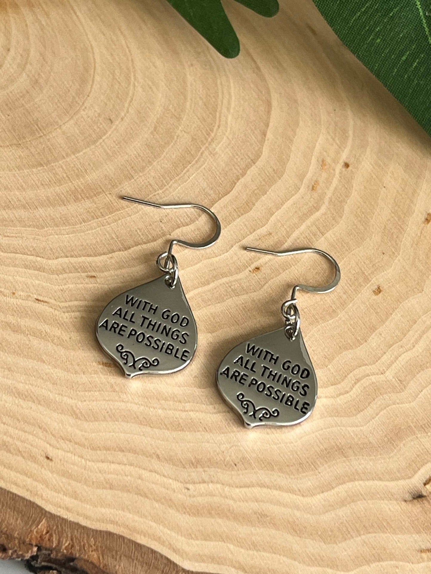 With God All Things Are Possible Silver Earrings - Christian Jewelry
