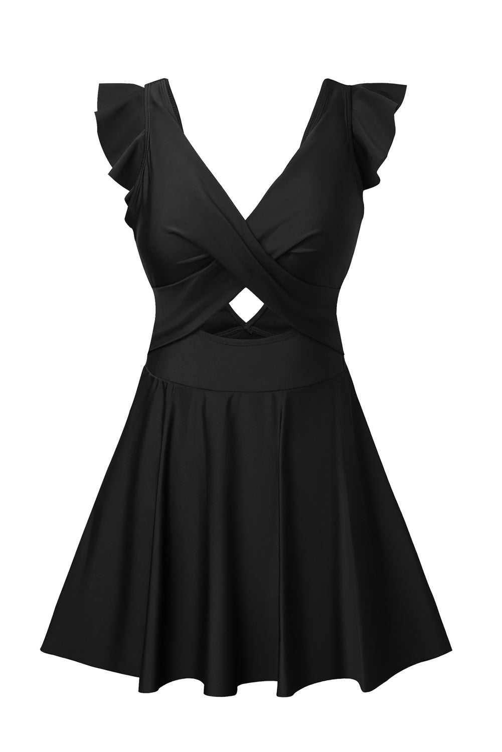 Black Cut Out Ruffle Crossed One Piece Swimdress