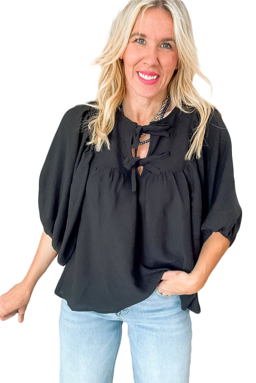 Black Bow Tie Neck 3/4 Sleeve Casual Blouse