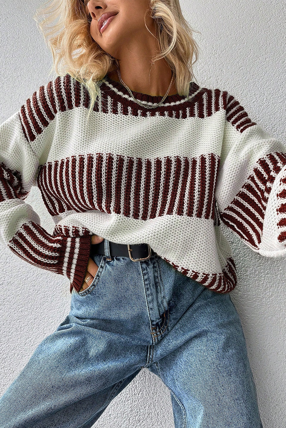 Light Blue Two Tone Striped Patchwork Drop Shoulder Sweater