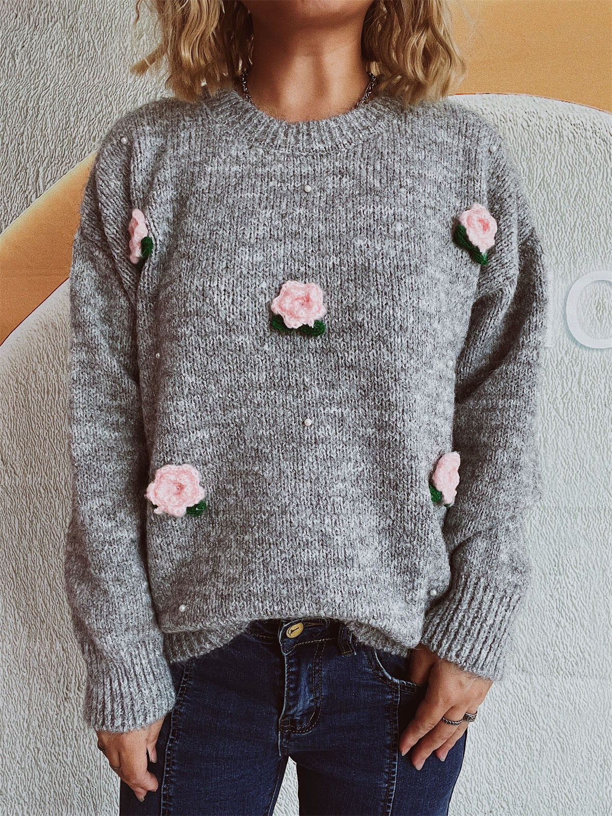 Flower Round Neck Long Sleeve Sweater