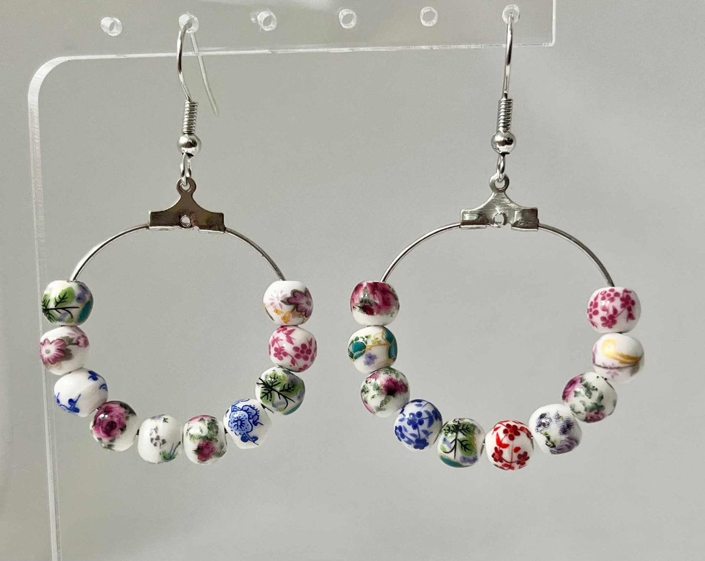 Floral Hoop Earrings – Multicolored Beaded Silver Jewelry