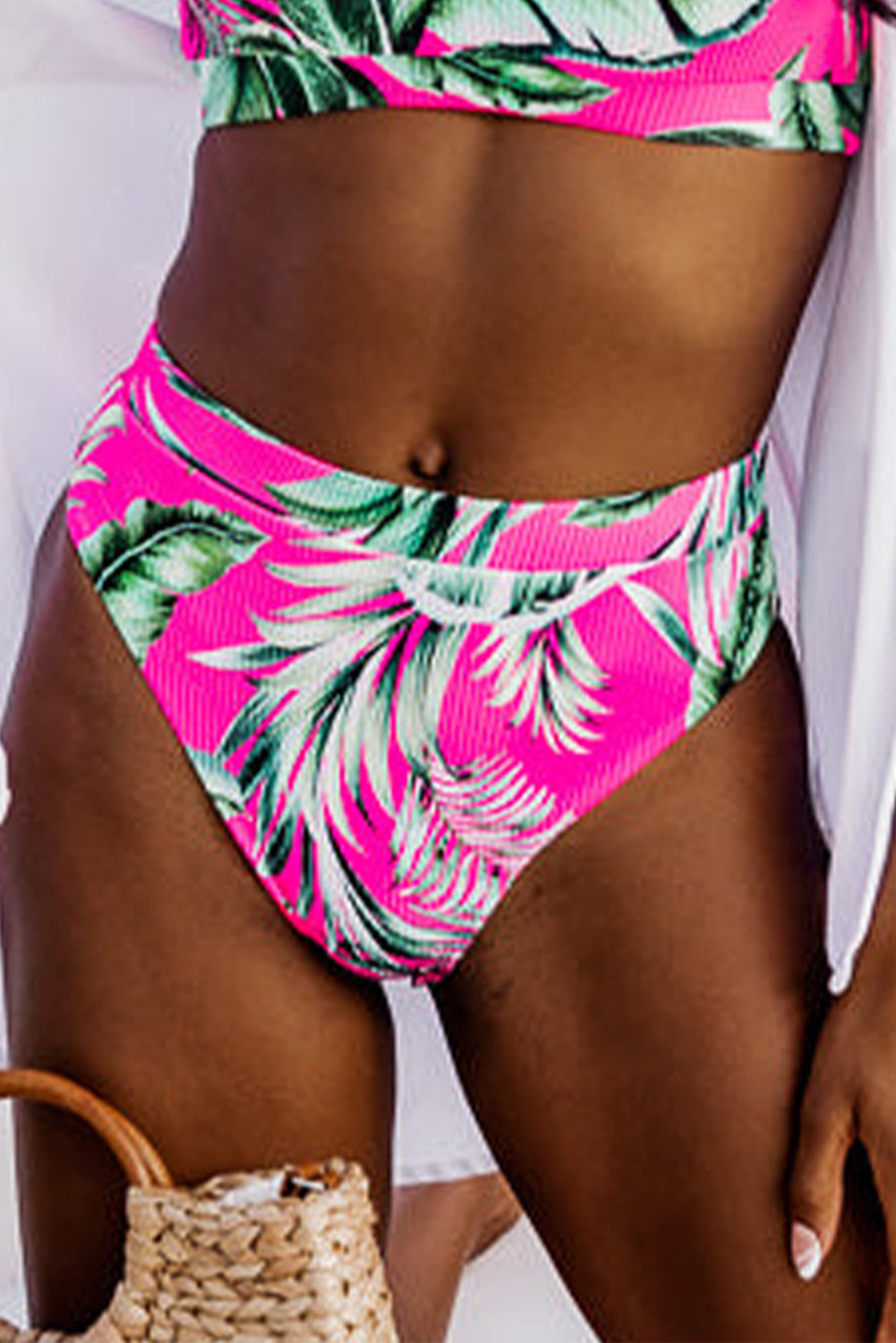 Rose Tropical Print Textured Bikini Bottom