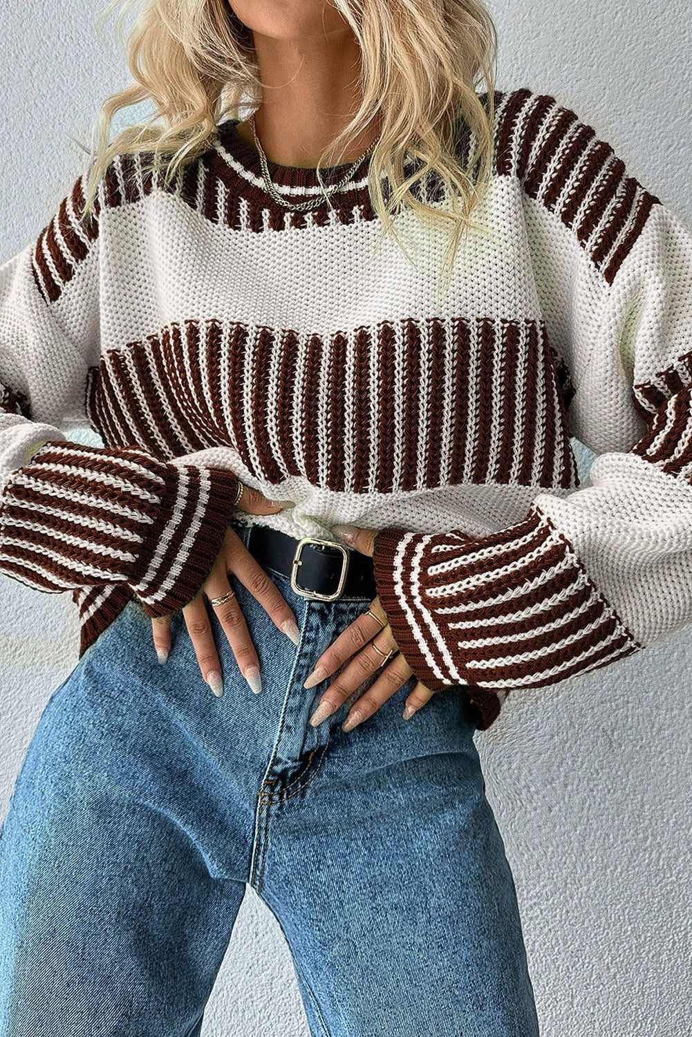 Light Blue Two Tone Striped Patchwork Drop Shoulder Sweater