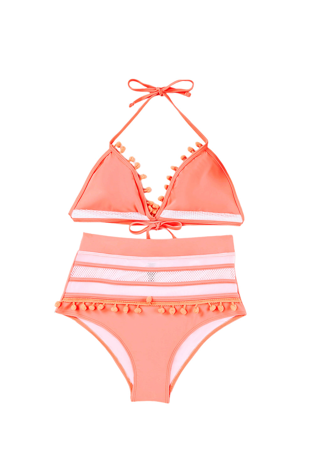 Pink Mesh Contrast Pom Details High Waisted Bikini Swimsuit