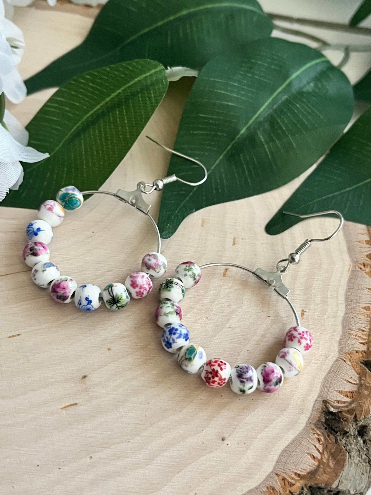 Floral Hoop Earrings – Multicolored Beaded Silver Jewelry