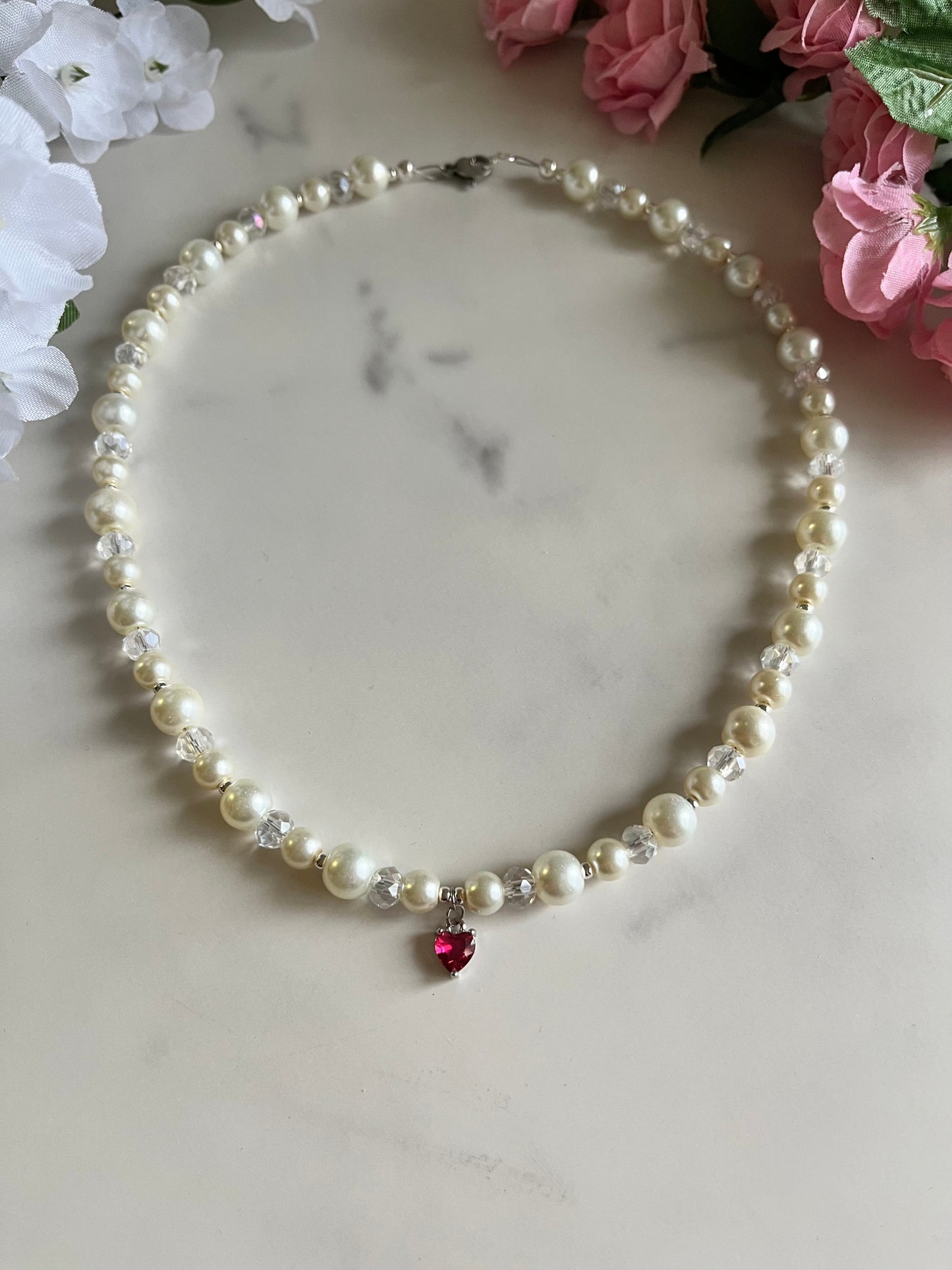 Silver Necklace Heart Pendant Glass & Pearl