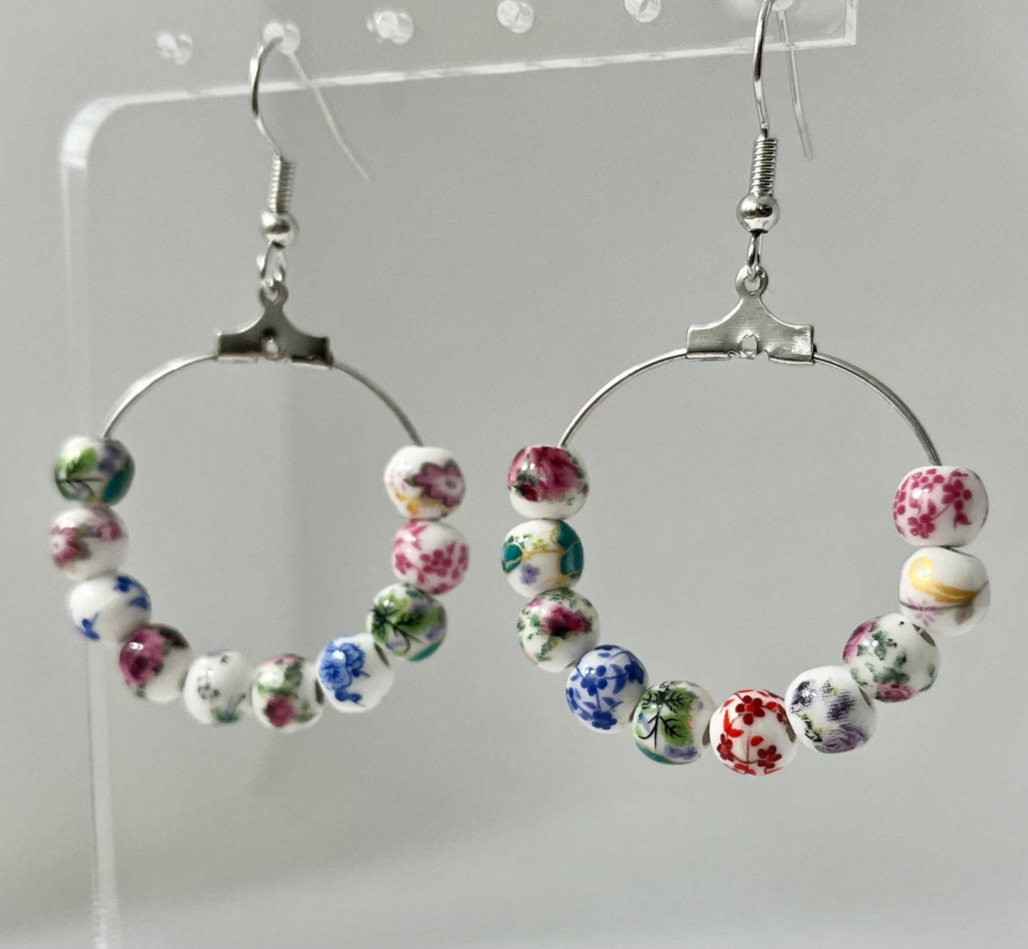 Floral Hoop Earrings – Multicolored Beaded Silver Jewelry