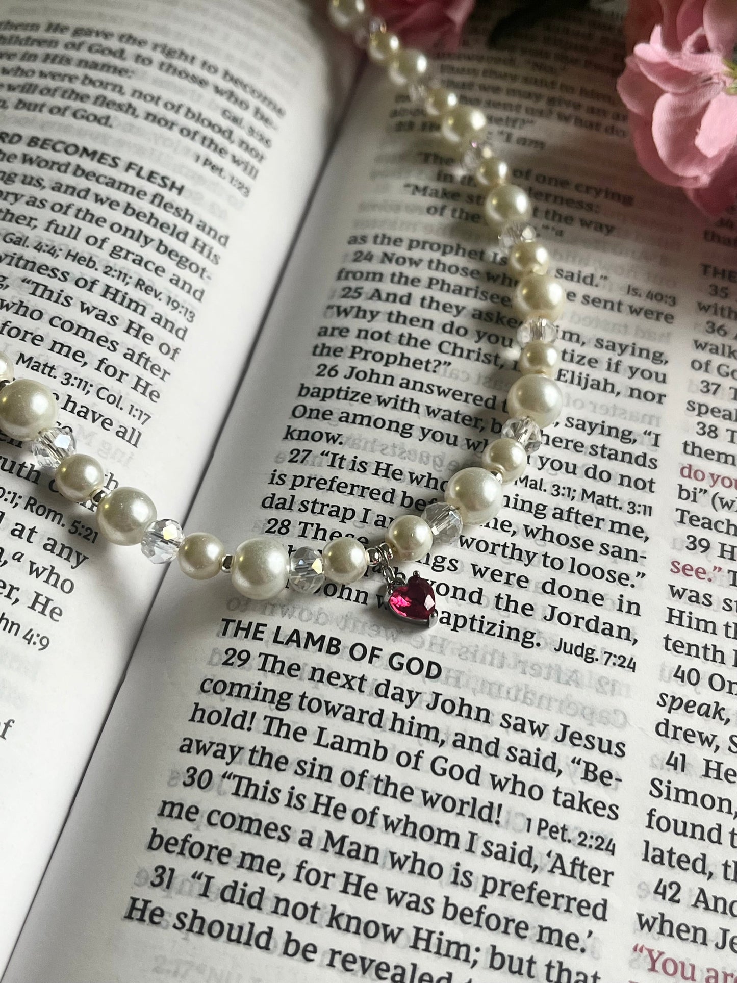 Silver Necklace Heart Pendant Glass & Pearl