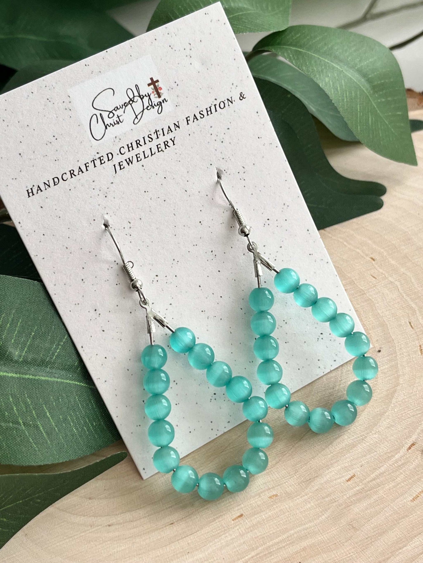 Teal Cat Eye Silver Earrings Light Blue Opal Drop