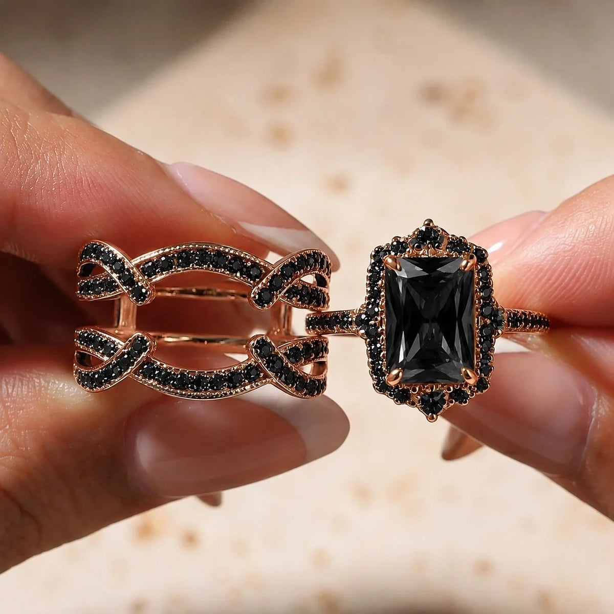 black wedding band set, rose gold, black CZ size 5.5