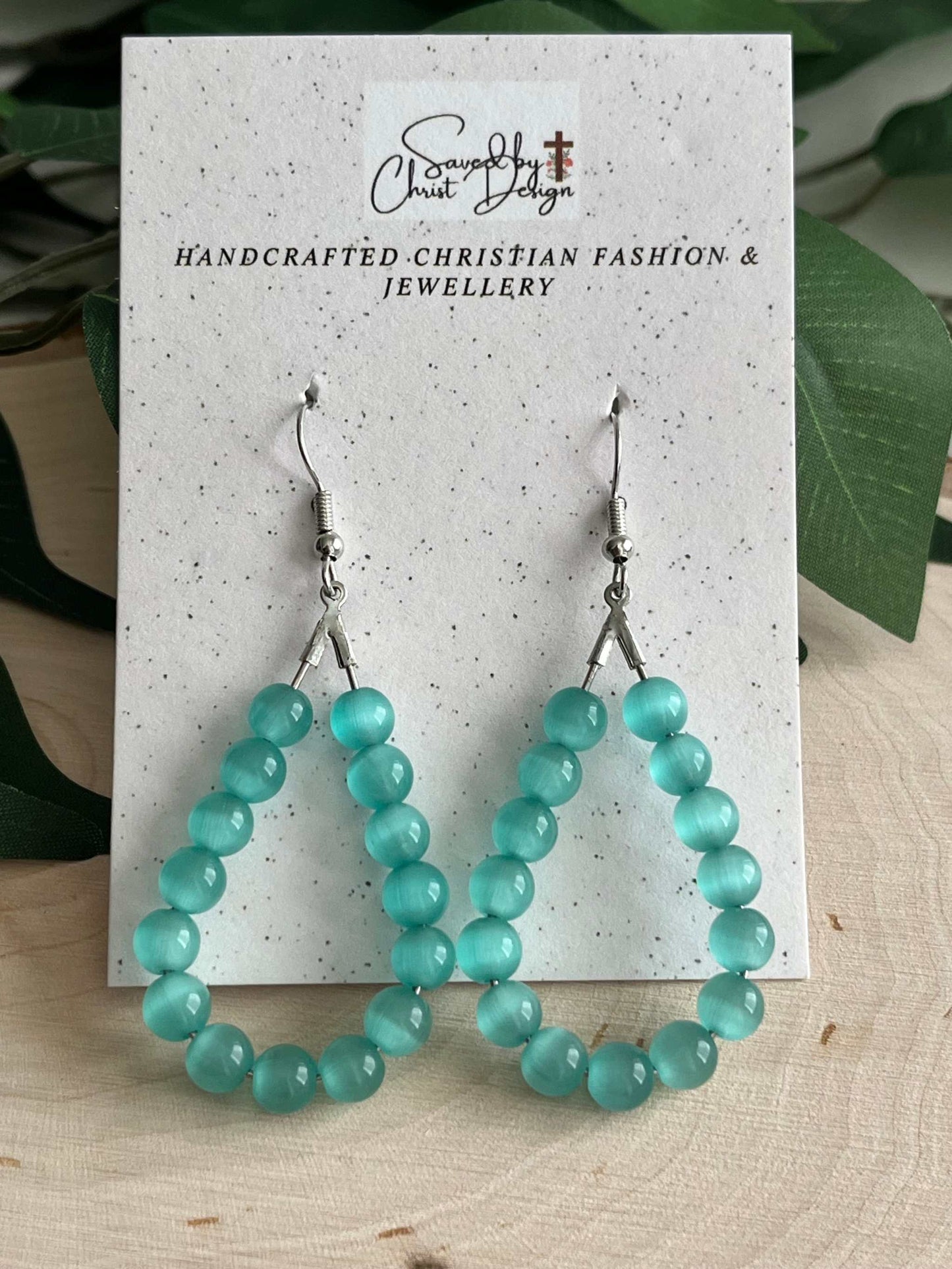 Teal Cat Eye Silver Earrings Light Blue Opal Drop