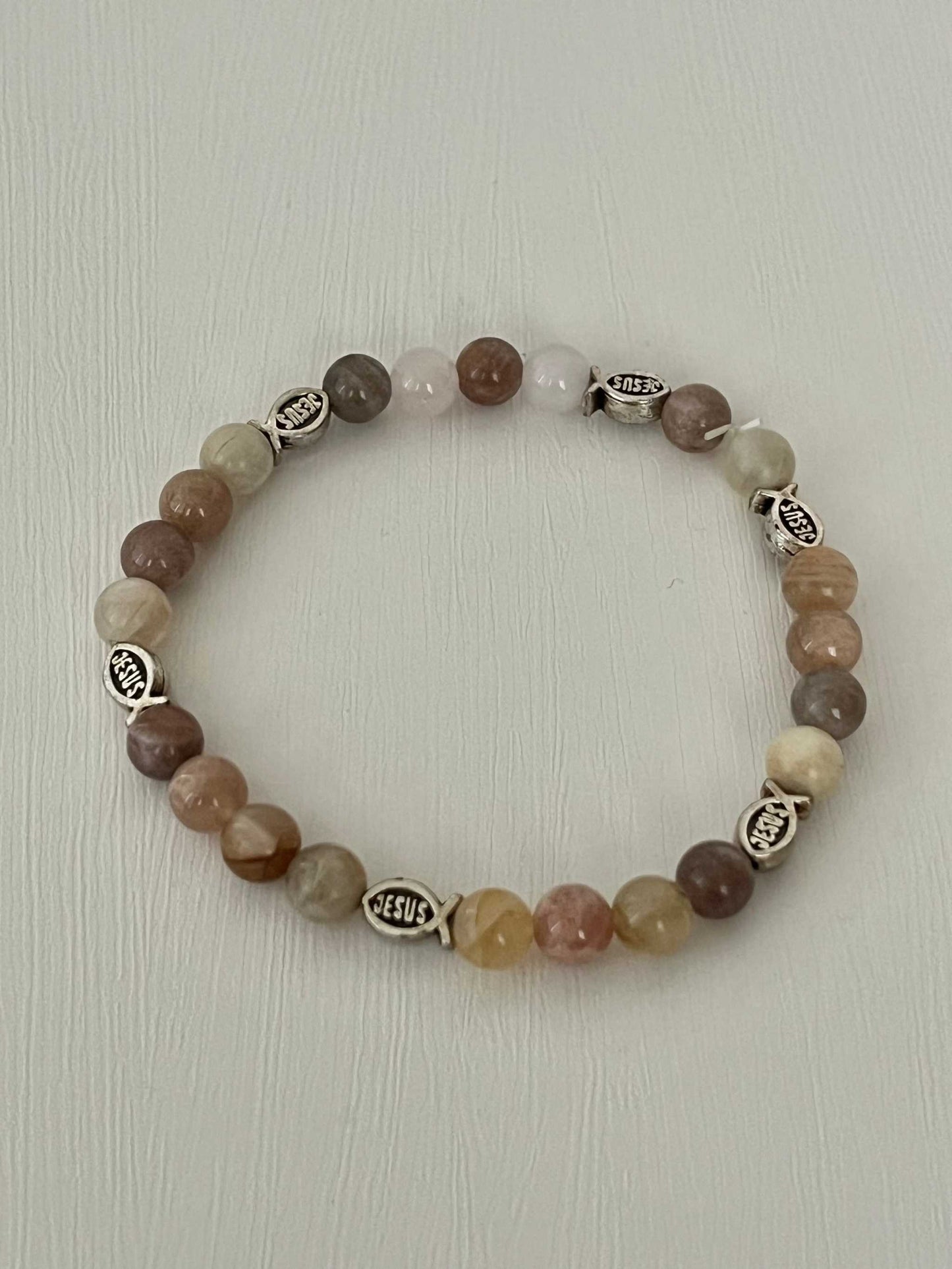 Bead Bracelet – Beige Rose Jesus Fish Faith Jewelry