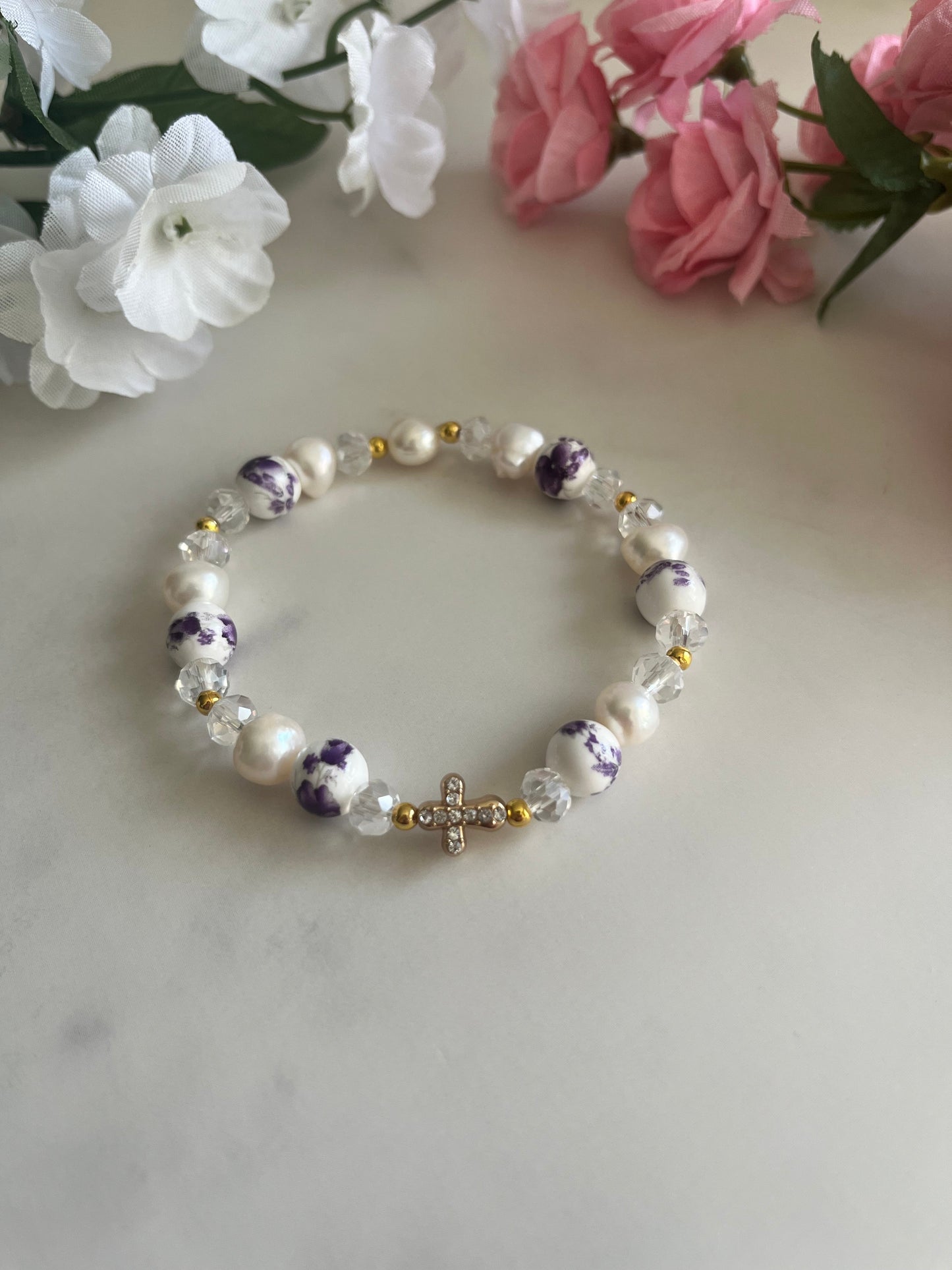 Freshwater Pearl Floral Cross Bead Bracelet