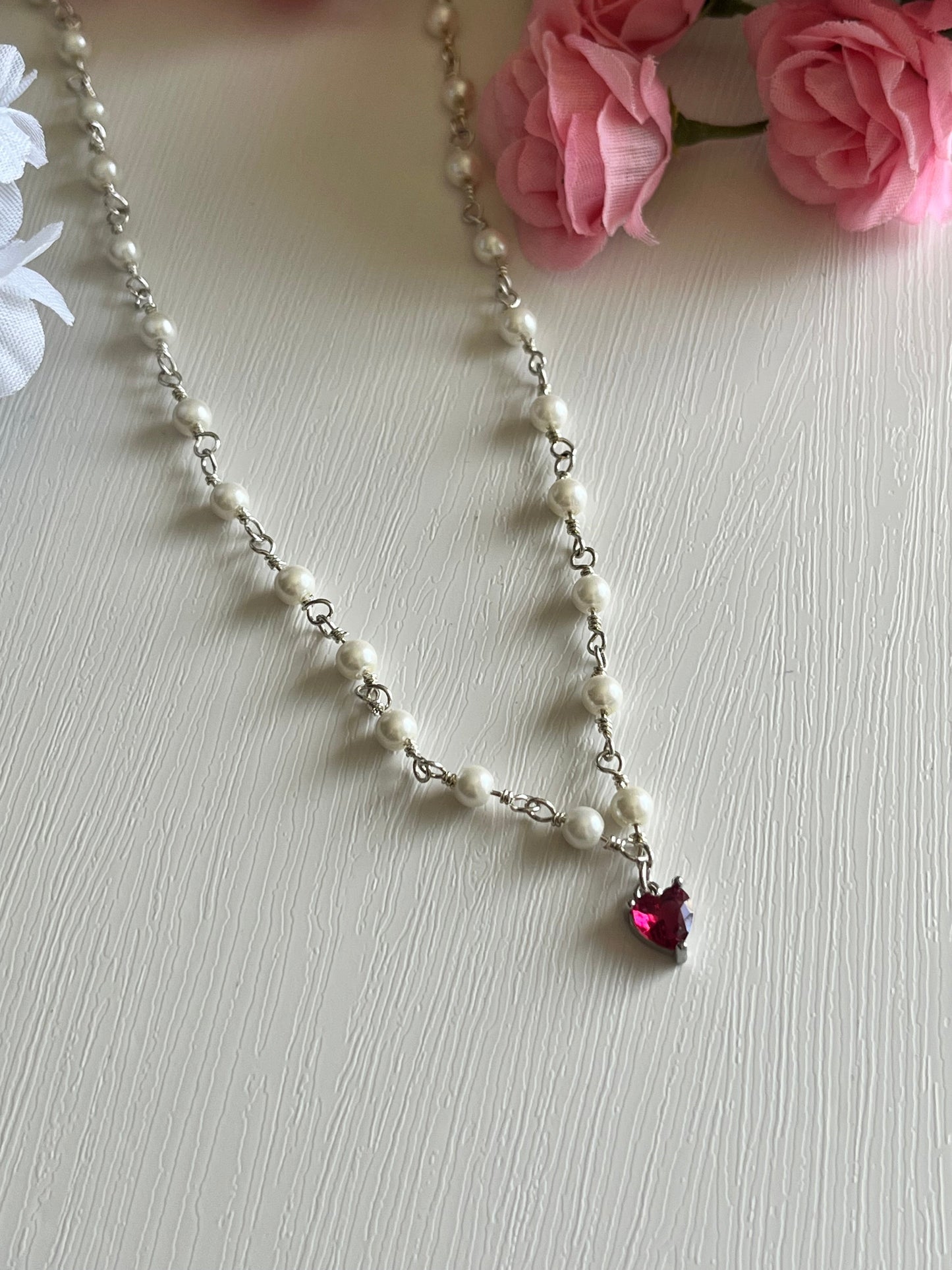 Silver Pearl Heart Necklace Handmade Christian Jewelry