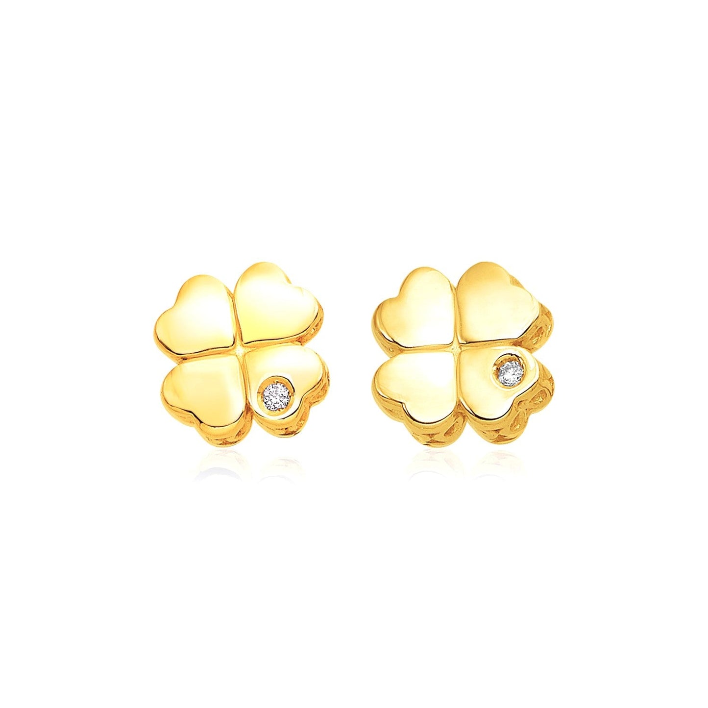 14k Yellow Gold Polished Four Leaf Clover Earrings with Diamonds