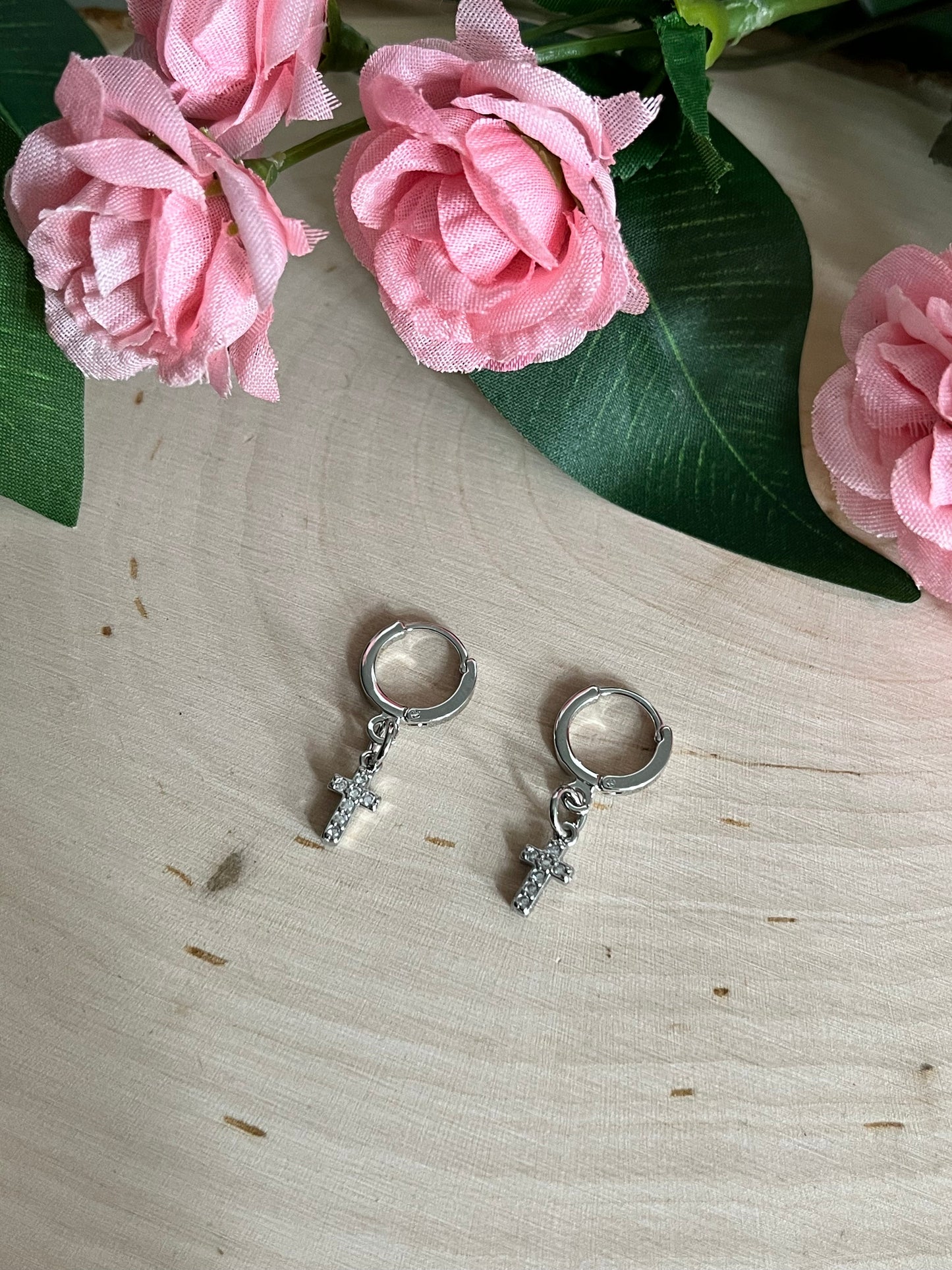 Silver Cross Huggie Earrings