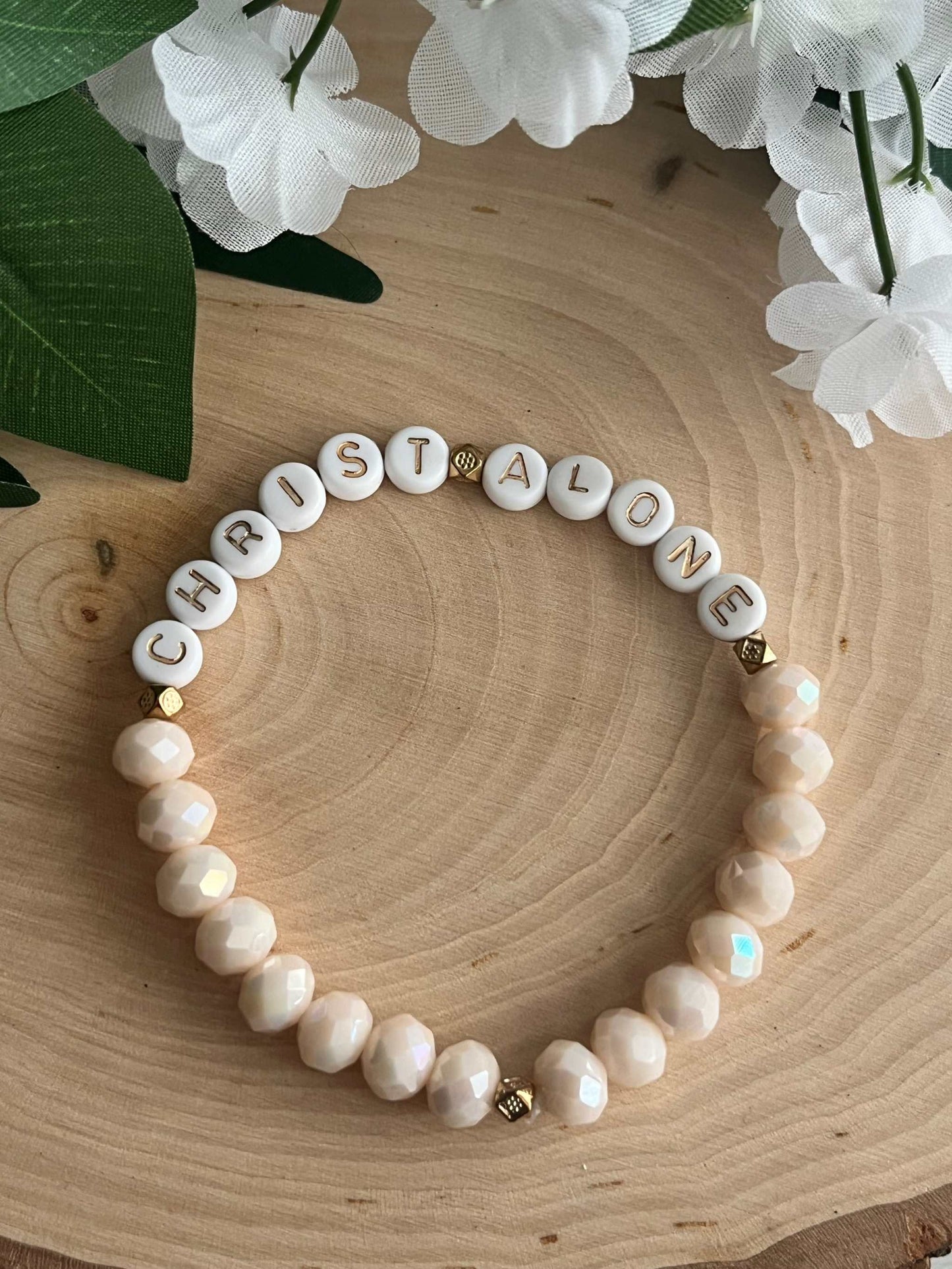 Bead Bracelet Christ Alone Peach or White Christian Jewelry