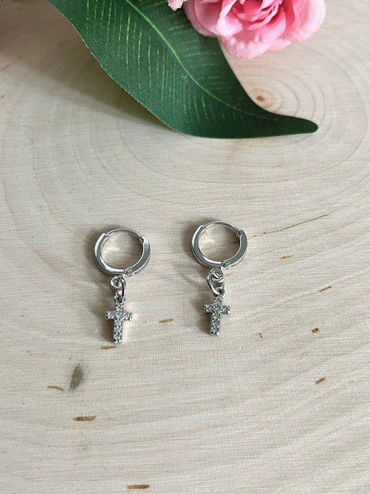 Silver Cross Huggie Earrings