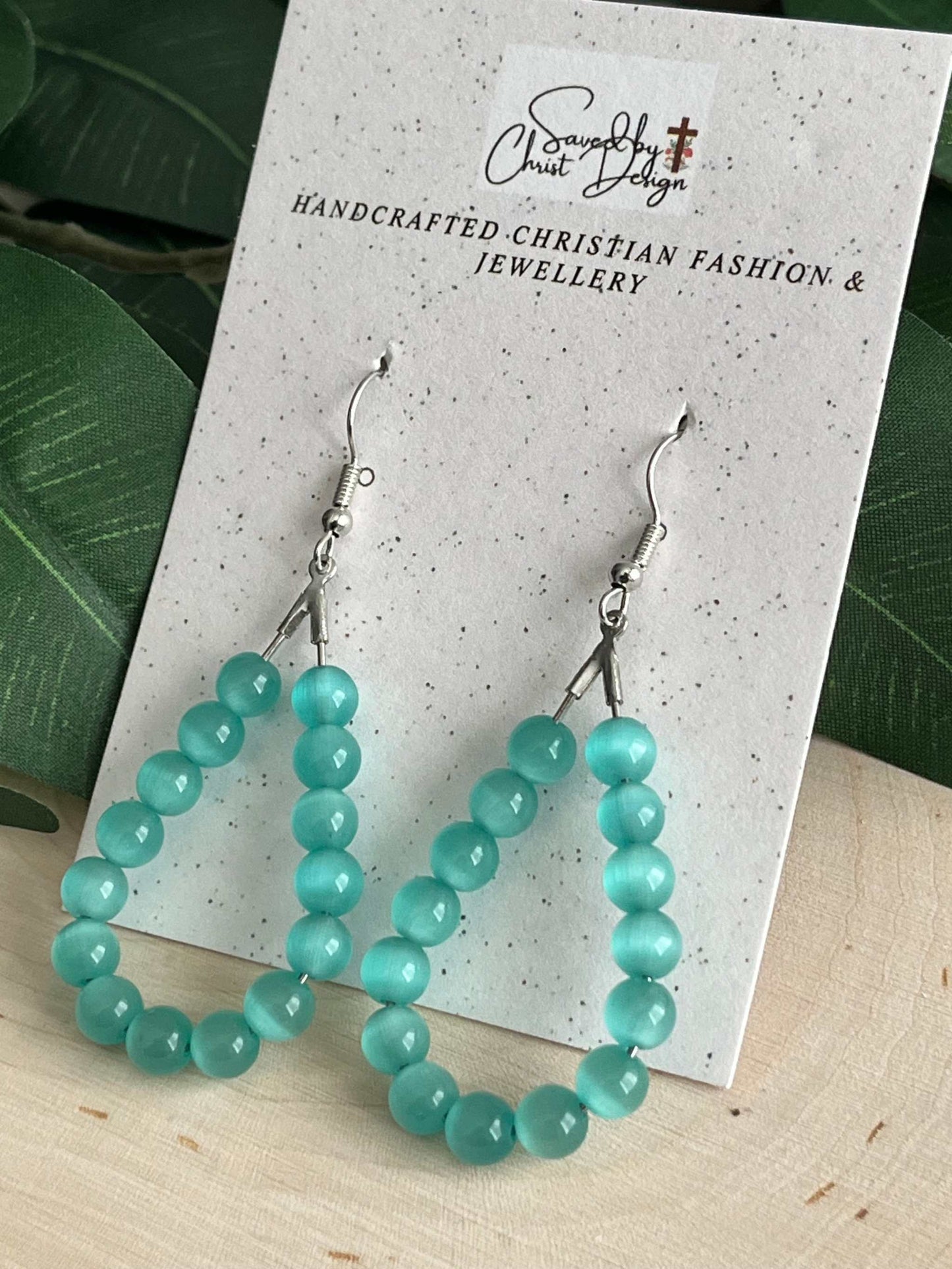 Teal Cat Eye Silver Earrings Light Blue Opal Drop