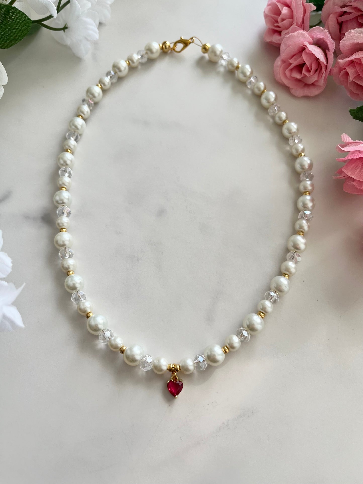 Gold Necklace Pearl Glass Heart Pendant – Christian Jewelry