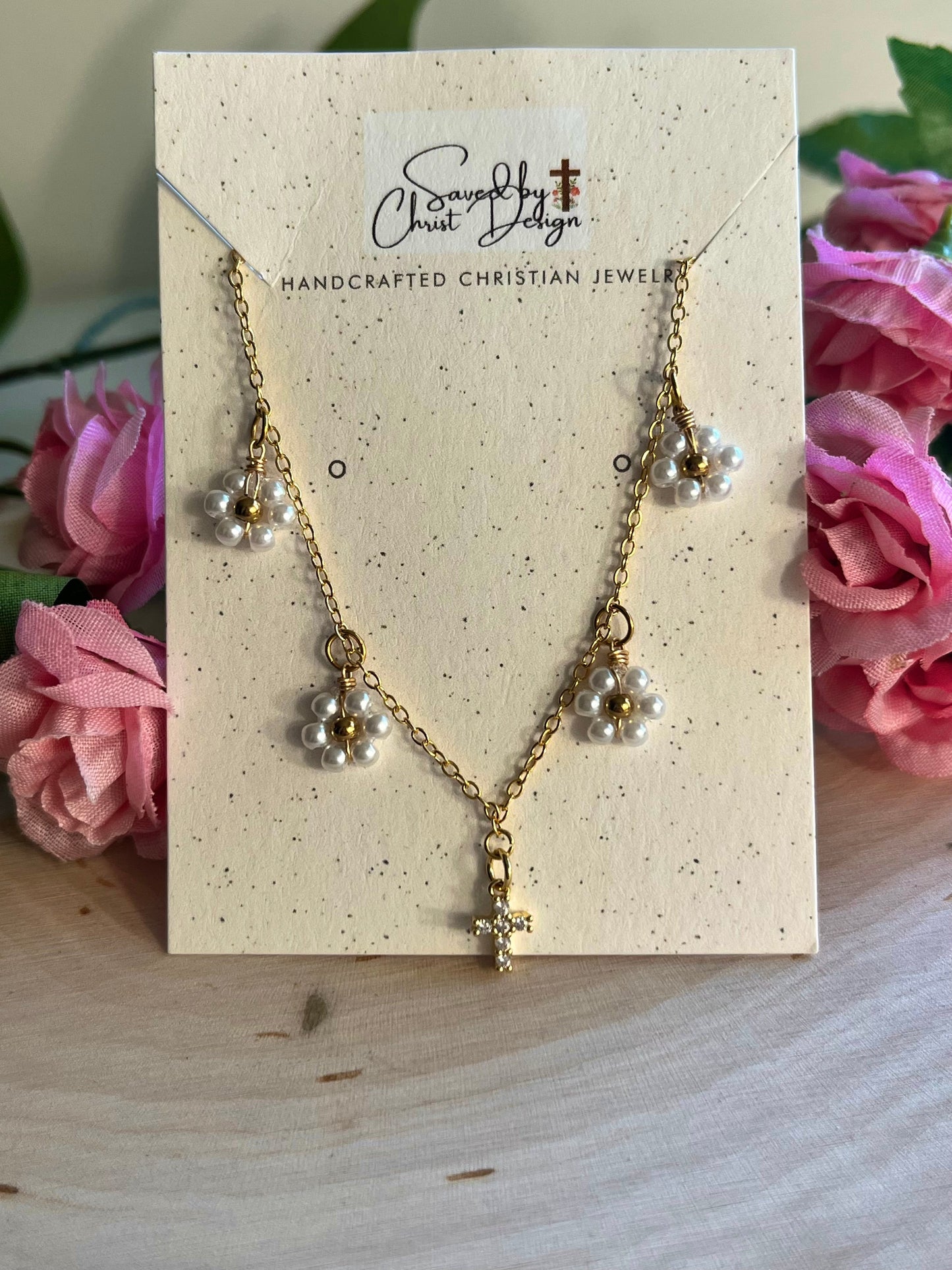 Gold Necklace – 16K Faith Pendant with Daisies and Cross