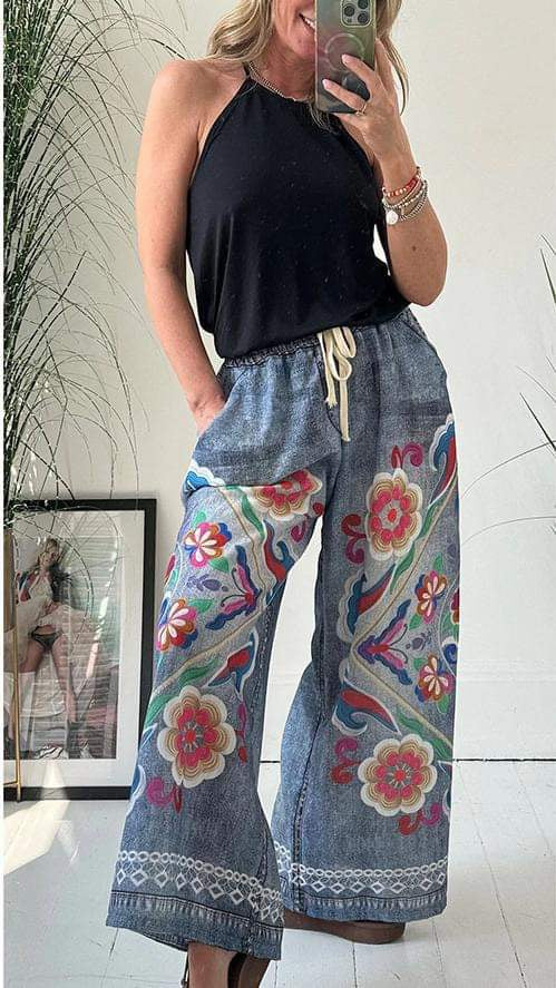 Faux Denim boho wide leg pants