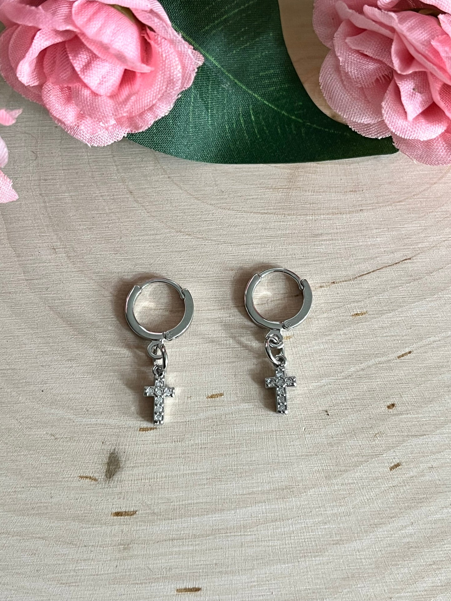 Silver Cross Huggie Earrings