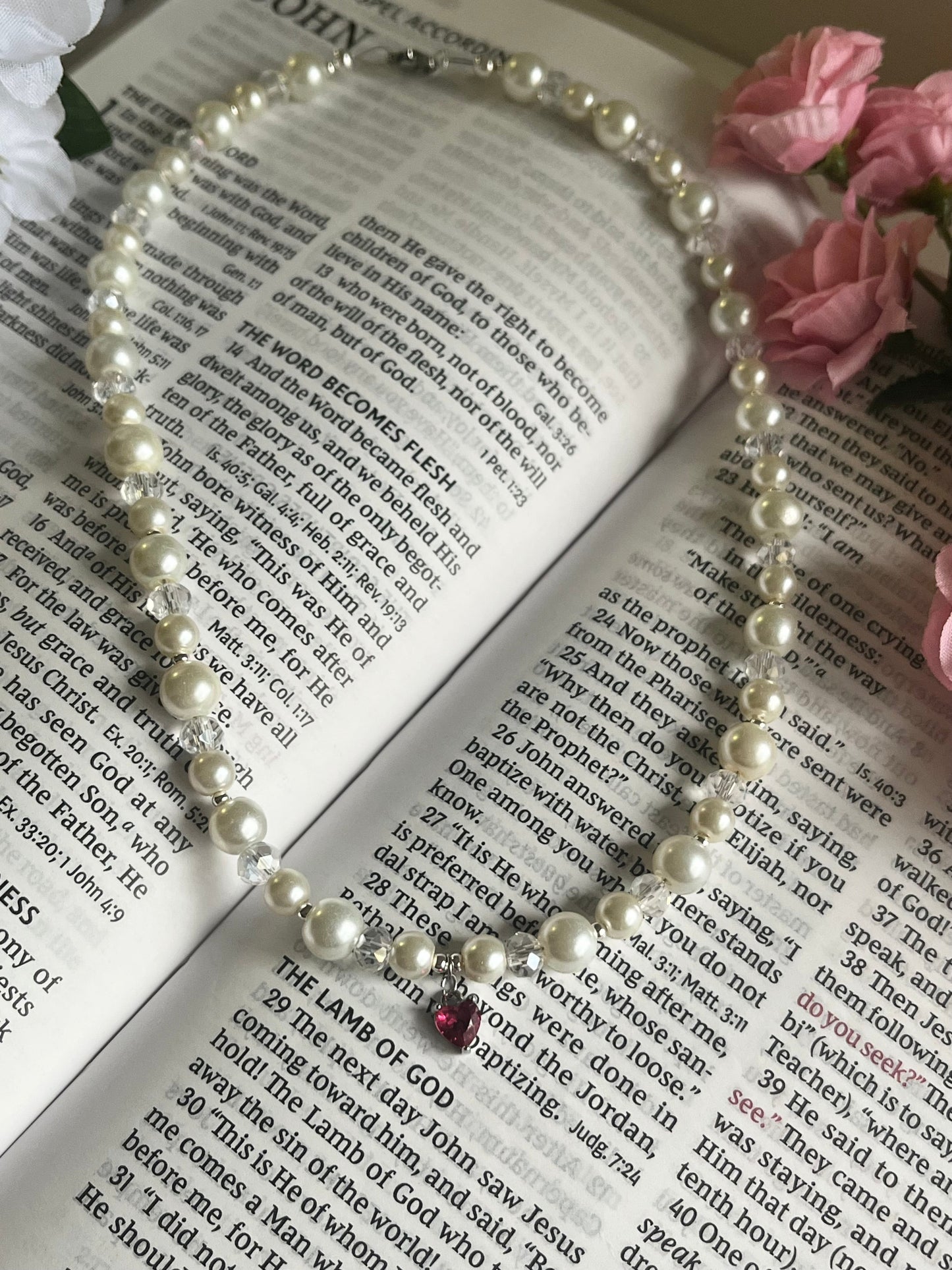 Silver Necklace Heart Pendant Glass & Pearl