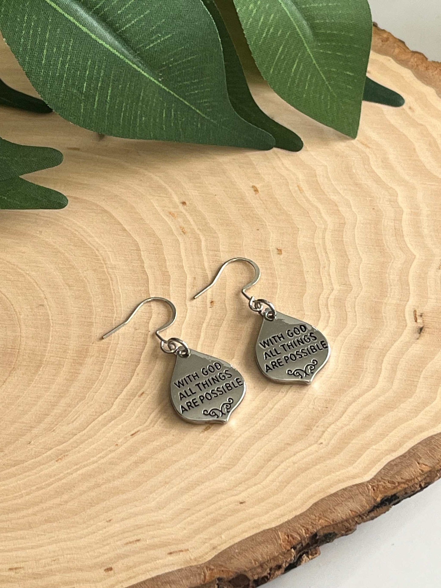 With God All Things Are Possible Silver Earrings - Christian Jewelry